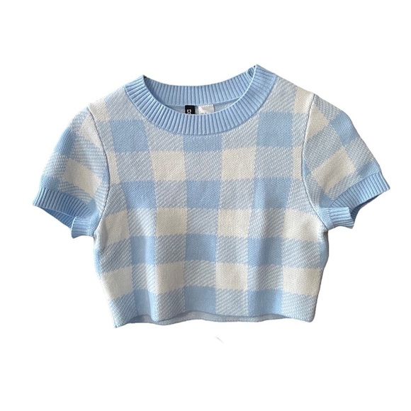 H&M White and Blue Checkered Knit Top XS NWOT - Picture 1 of 6